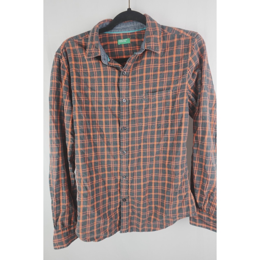 Benetton Mens Small‎ Plaid Flannel Button Up Shirt Orange Gray Casual Grunge